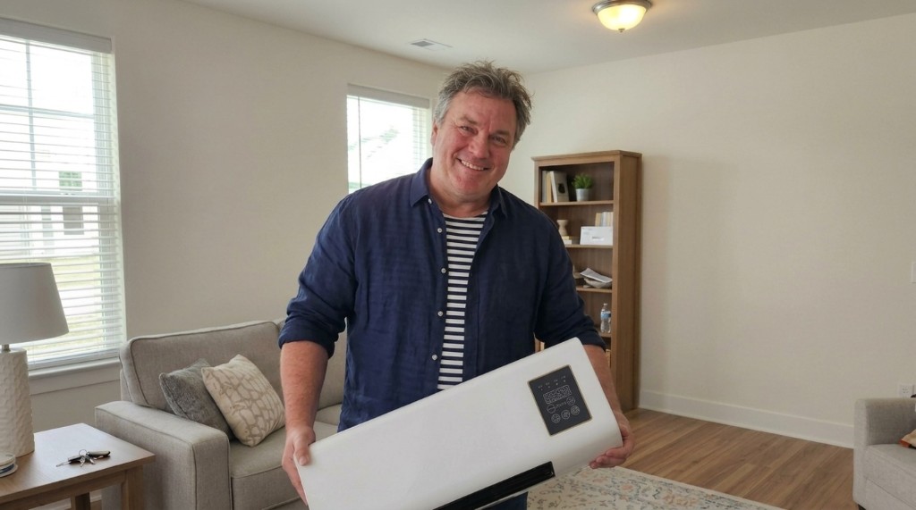 Happy customer holding CoolCove in living room